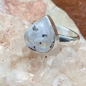 BLACK TOURMALINE IN RAINBOW MOONSTONE 925 STERLING SILVER RING, SIZE 5.5